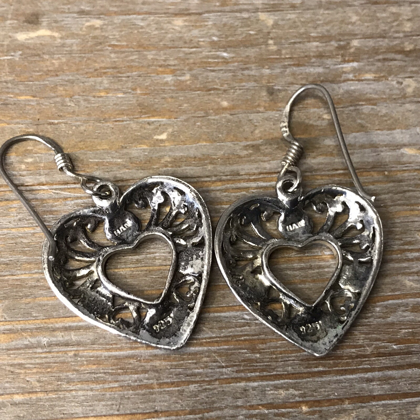 Vintage HAN 925 Sterling Silver Openwork Filigree Dangle Heart Pierced Earrings