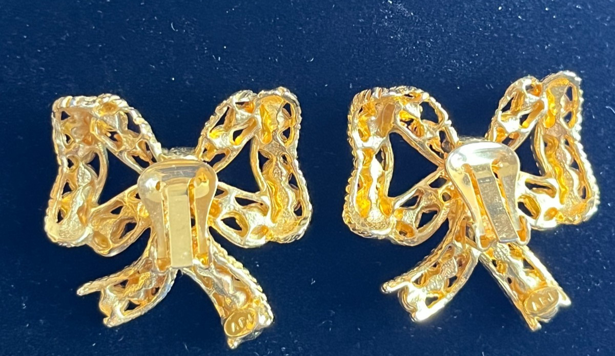 Vintage 1980s Rhinestone Bow Gold Tone Clip Earrings Bridal Statement Signed AFJ