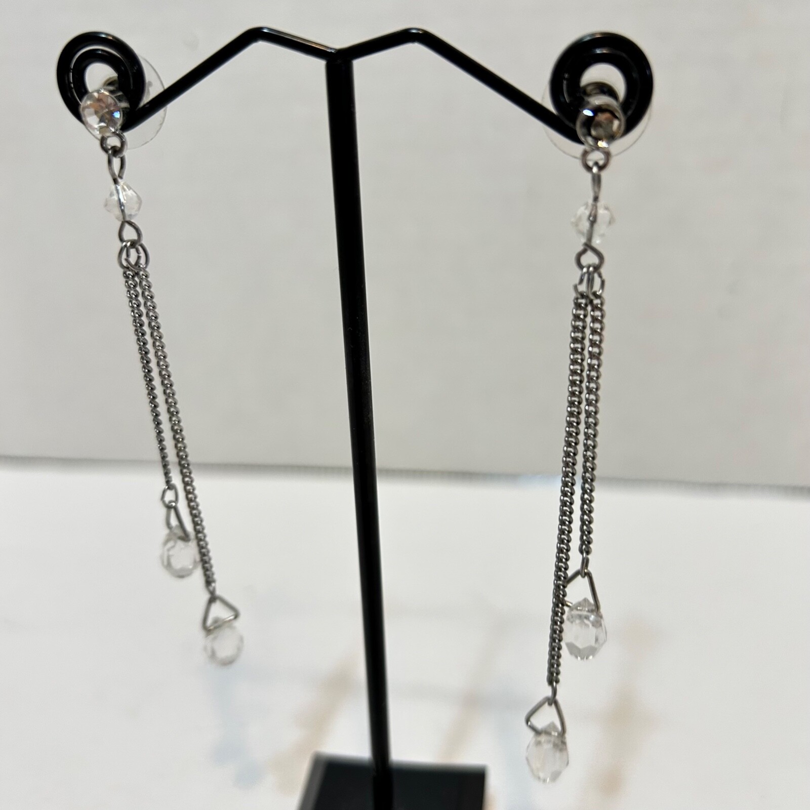 Vintage Womens Dangle Drop Beaded Chain Rhinstone Earrings 3″ Long