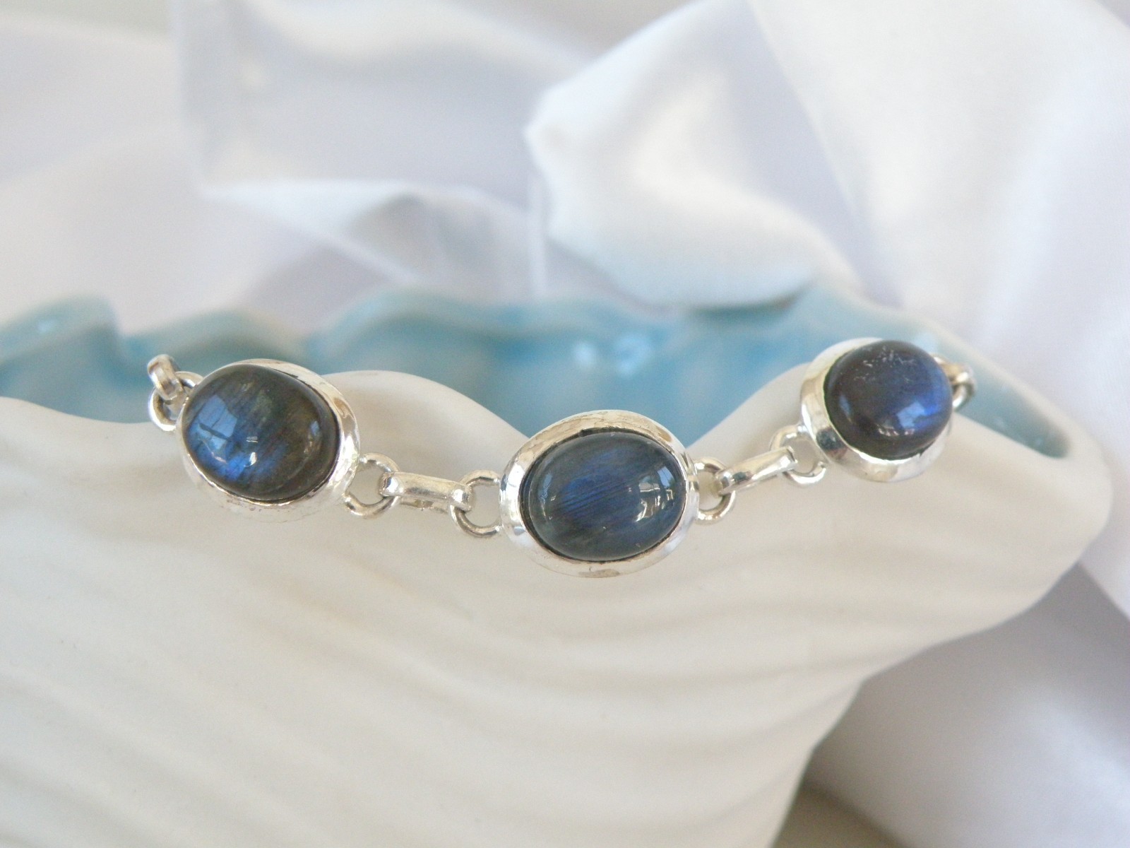 Vintage Sterling Silver 925 Labradorite Tennis Link Adjustable Station Bracelet
