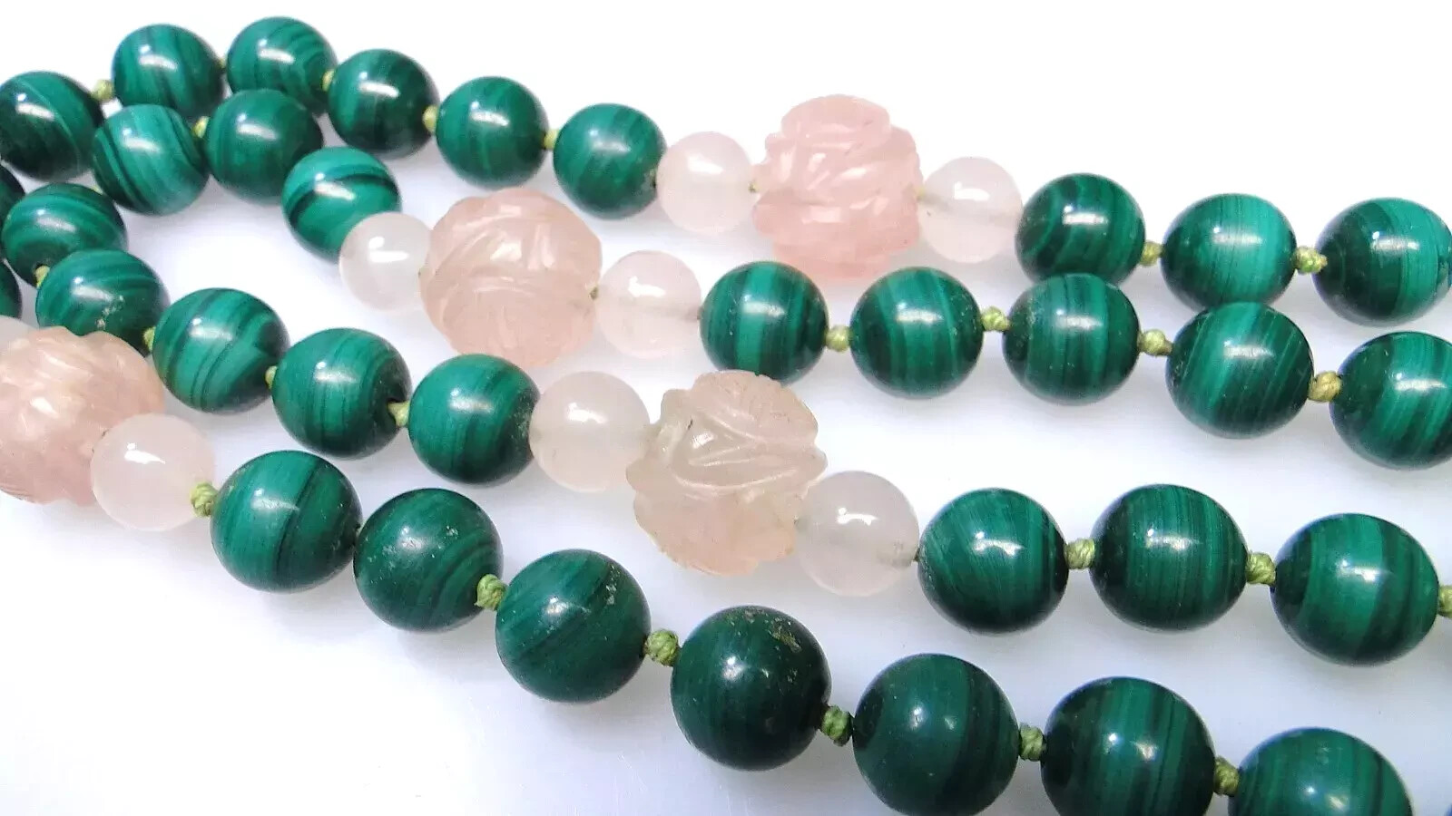 Stunning Carved Rose Jade Quartz & Malachite Bead Estate Necklace