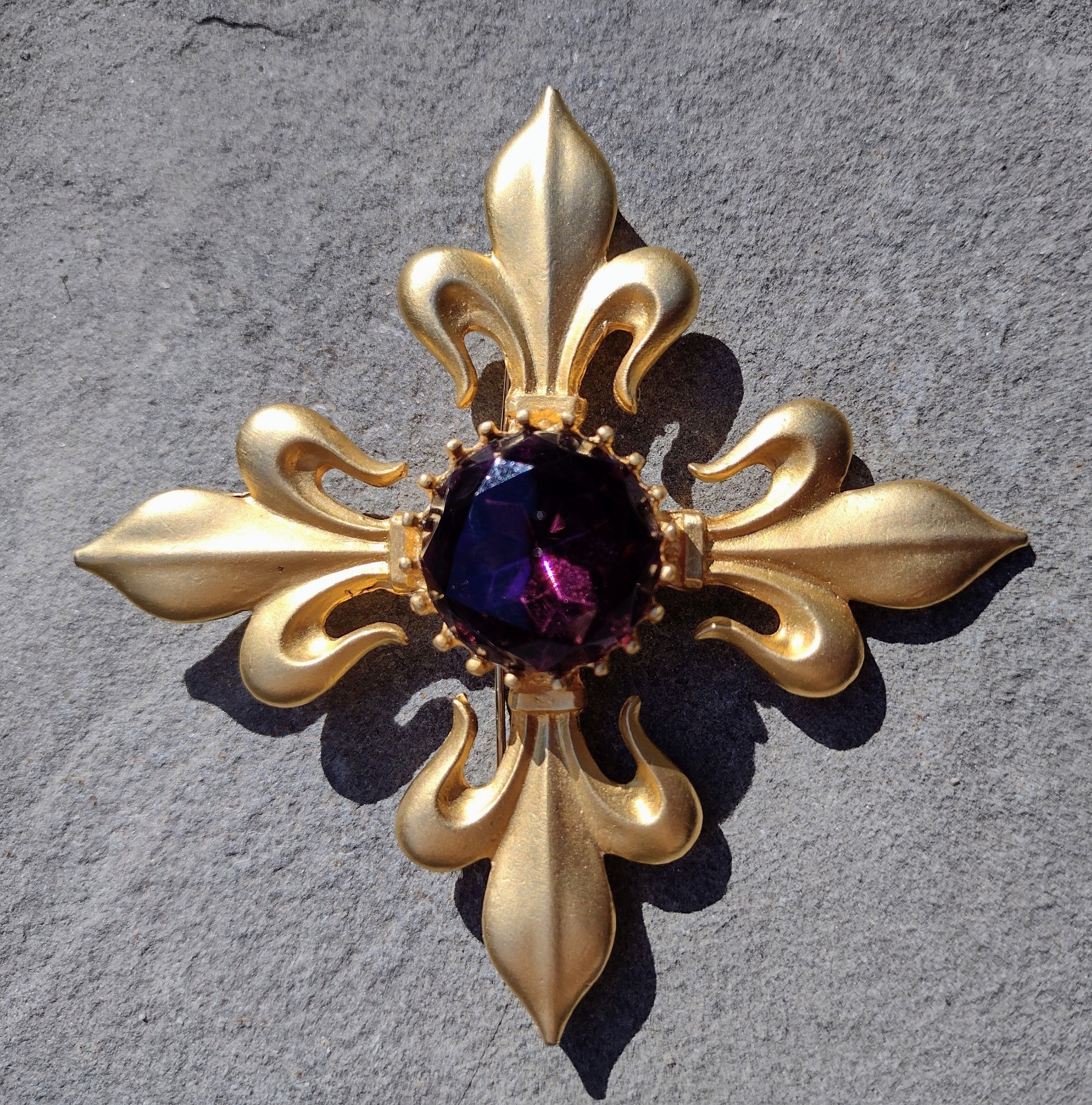 MAXINE DENKER Signed Fleur De Lis Cross Amethyst Glass Designer Gold Brooch