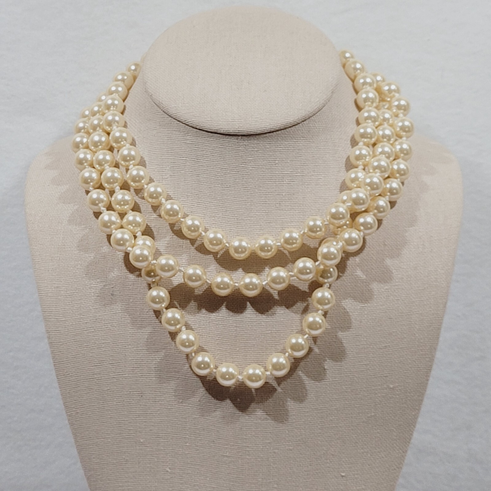 Triple Strand Off White Faux Pearl Knotted Necklace with Gold Tone Clasp 15 Inch