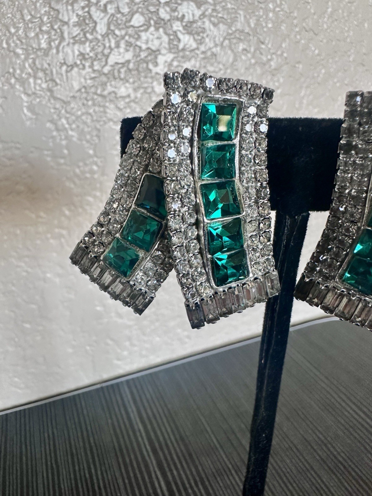 Vintage MMA Clip On Earrings W/ Ribbon-Fold Design + Emerald & Clear Rhinestones