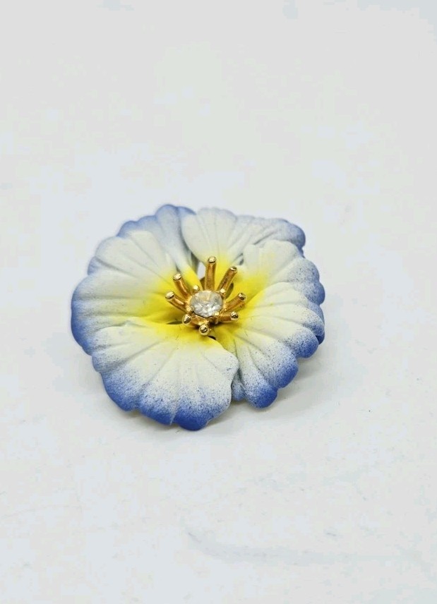 Joan Rivers Brooch White Blue Yellow Pansy Rhinestone Flower Pin Vintage