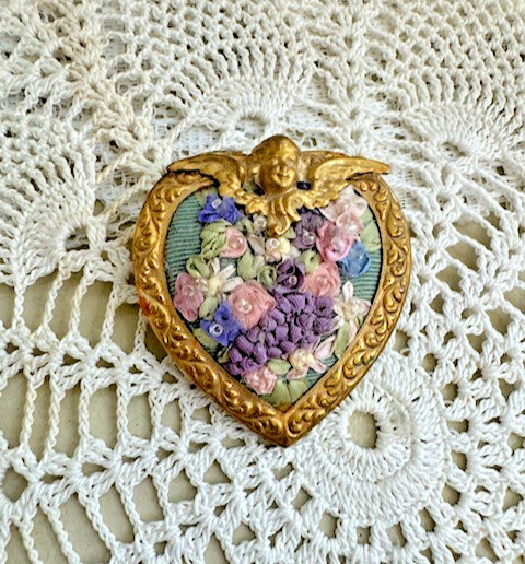Vintage Hand Made Ribbon Embroidery Floral Heart Pin with Cherub Brooch 2 Inch