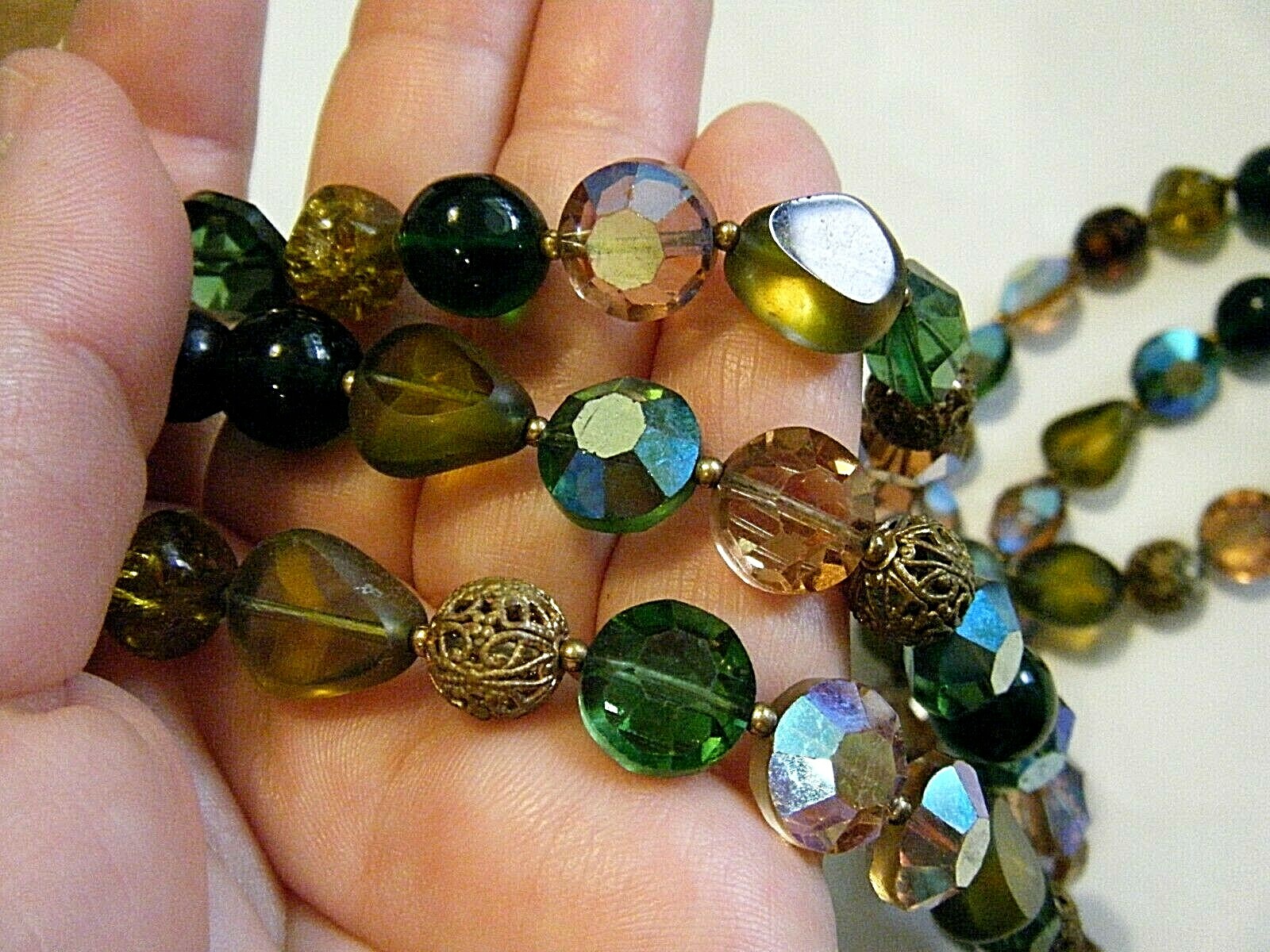 Vintage 1950s Triple Strand Collar Necklace AB Crystal Brass Filigree Art Glass
