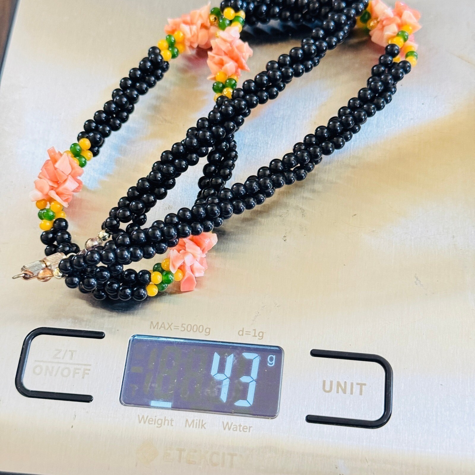 VTG Torsade Necklace Coral Onyx Jade Genuine Natural braided Beads Retro 70s 22″