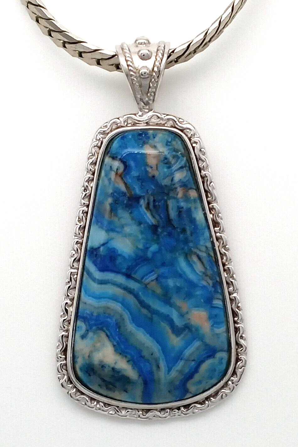 Napier Blue Stone Pendant Herringbone Chain Necklace Silver Tone Metal Shiny!