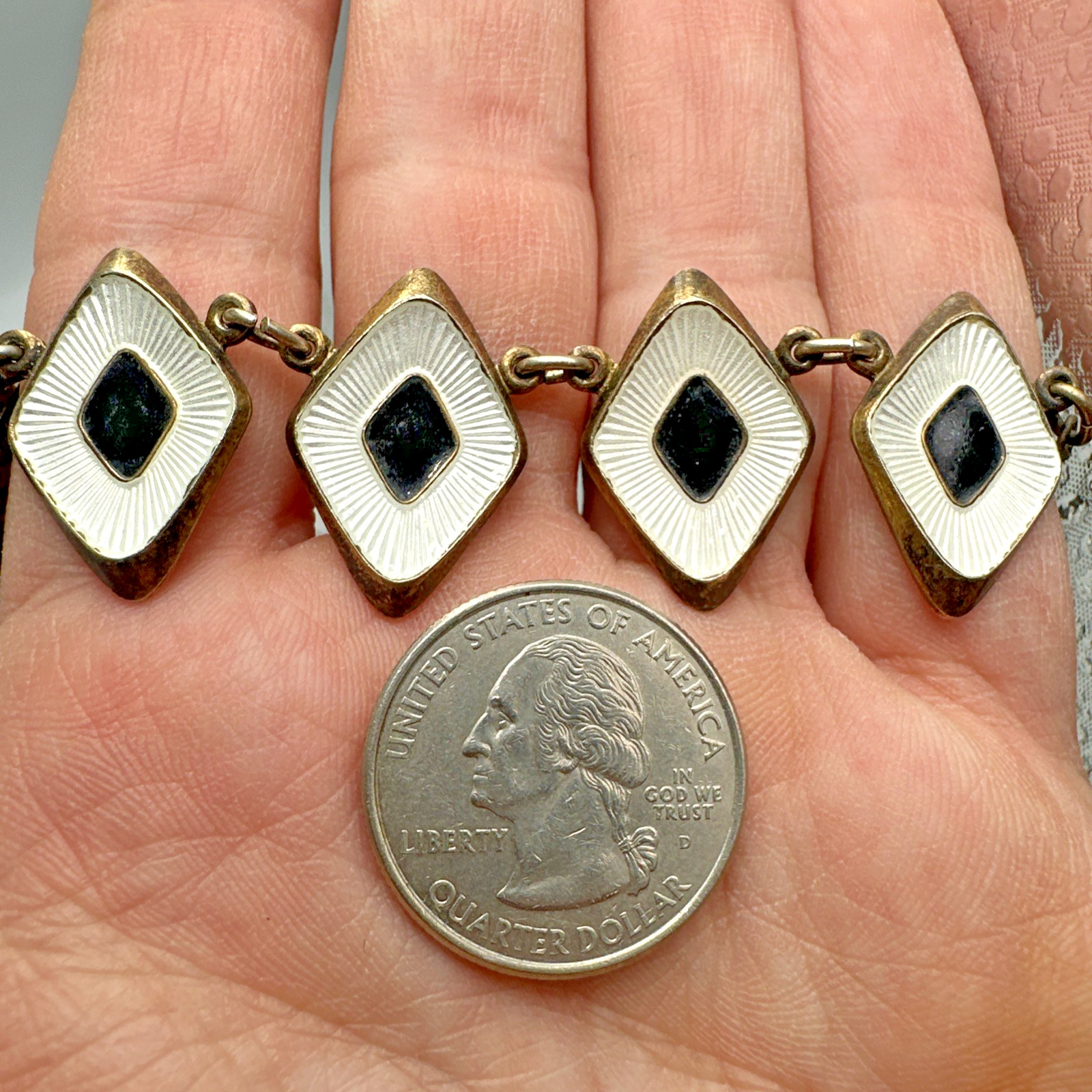 Vtg Albert Scharning Necklace Sterling Silver White Black Enamel MCM Norway 16″