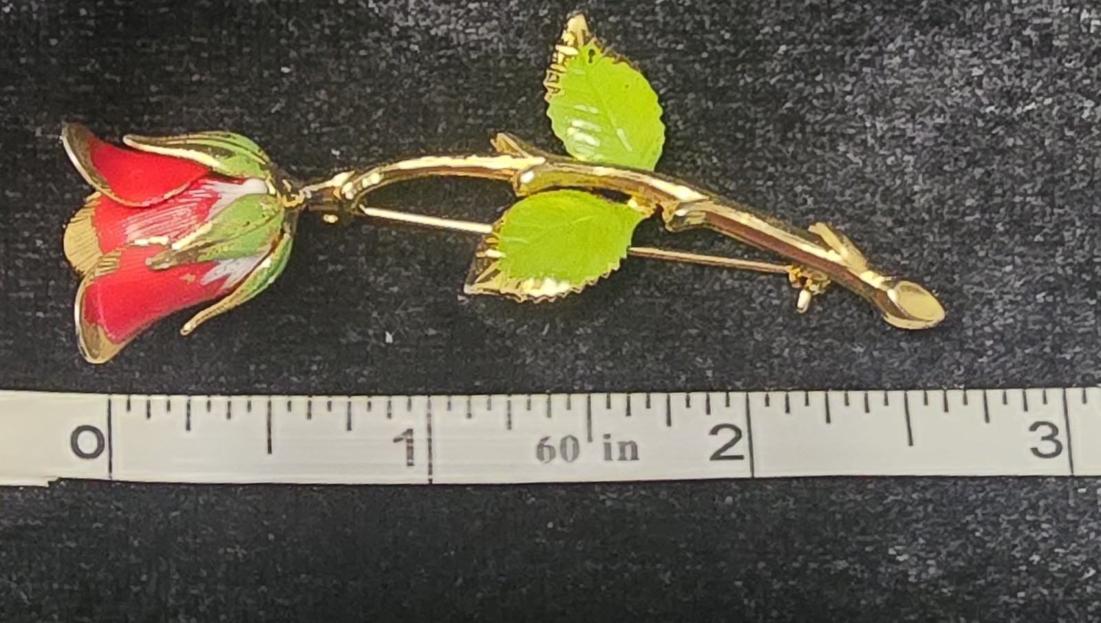 Vintage Rose Pin / Brooch Gold Red & Green Enamel