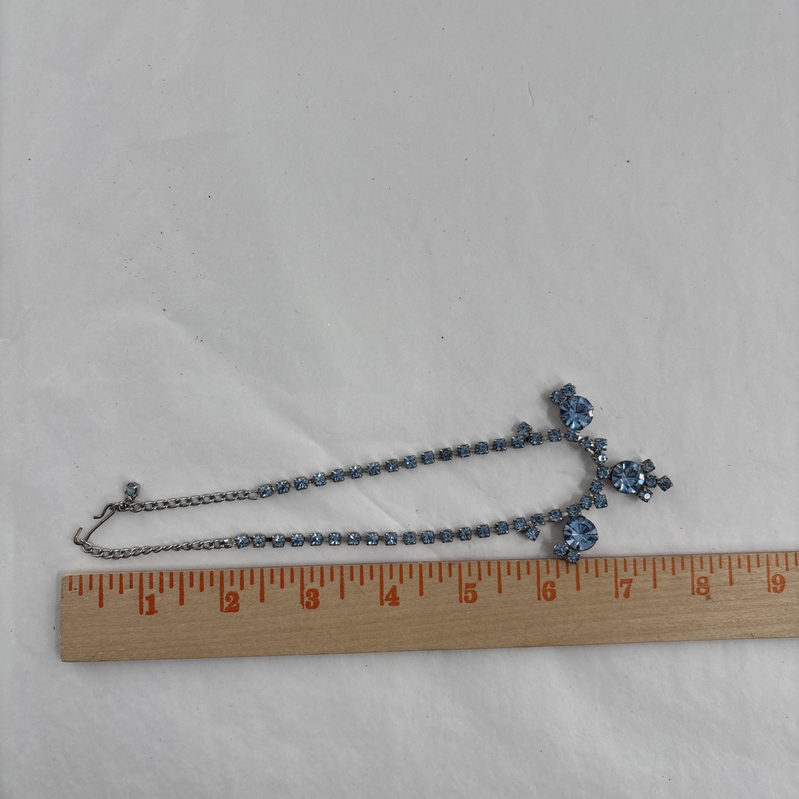Vtg 1950s Necklace Triple Drop Choker Aquamarine Ice Blue Rhinestone Silver Tone