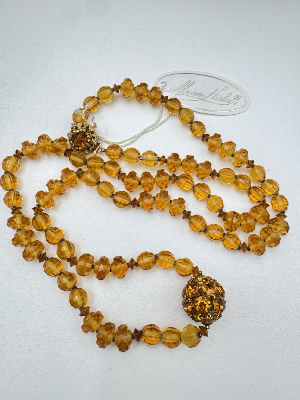 Vintage Miriam Haskell Amber Glass Bead Necklace with Rhinestone Ball Accent