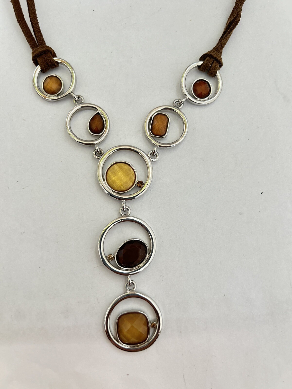 Signed Lia Sophia Necklace w/ Leather Cord Brown Yellow Multifaceted 15in” E14