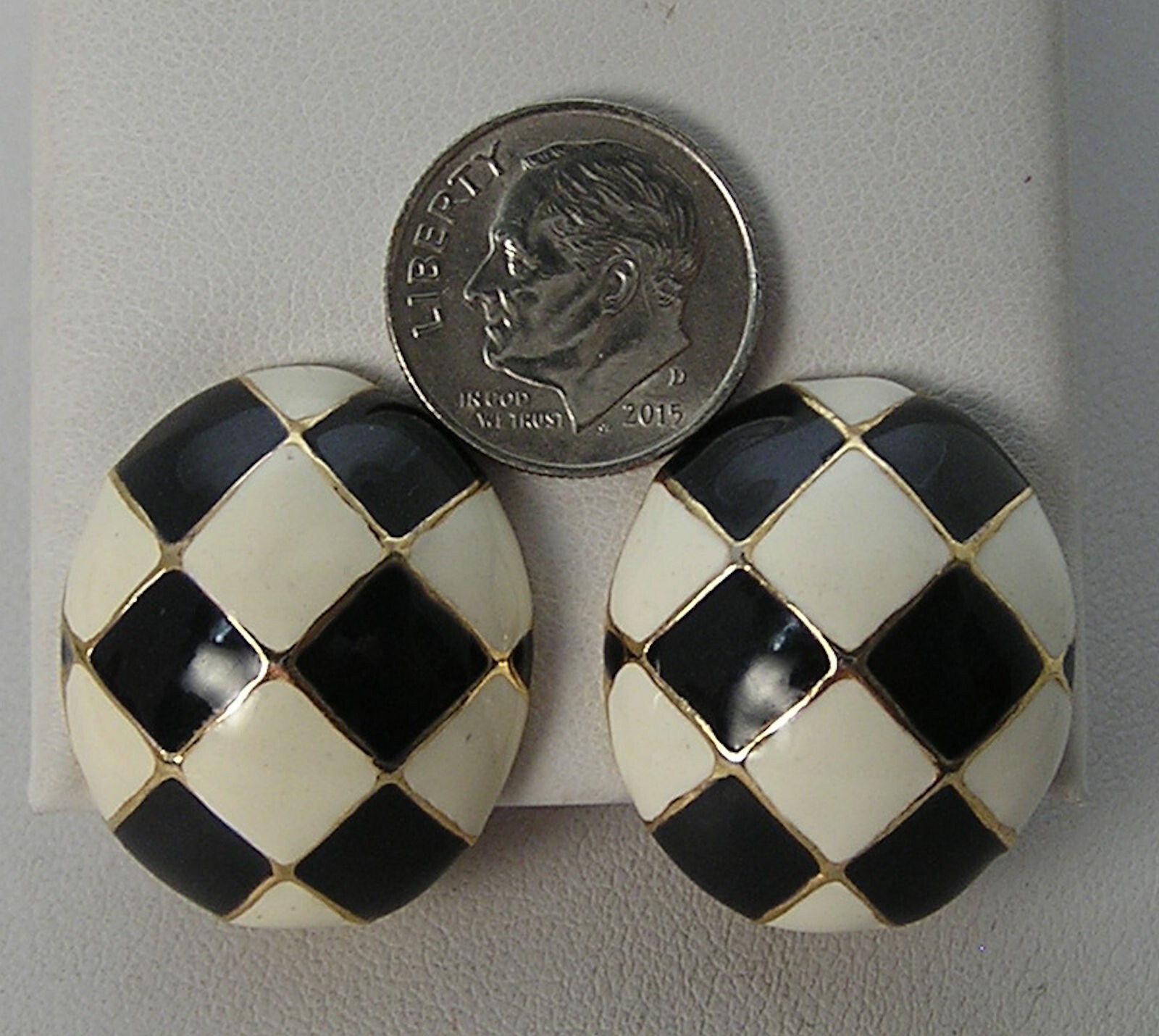 Vintage Gold Tone Gay Boyer Black-White Checkerboard Enamel Domed Oval Earrings