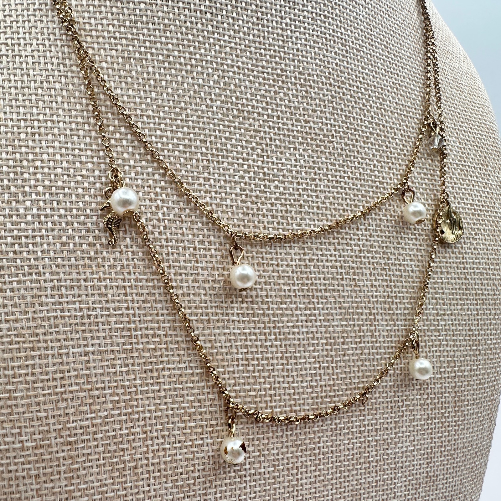 Vintage 90s Gold Tone Double Layer Chain Pearl Charm Station Necklace Jewelry