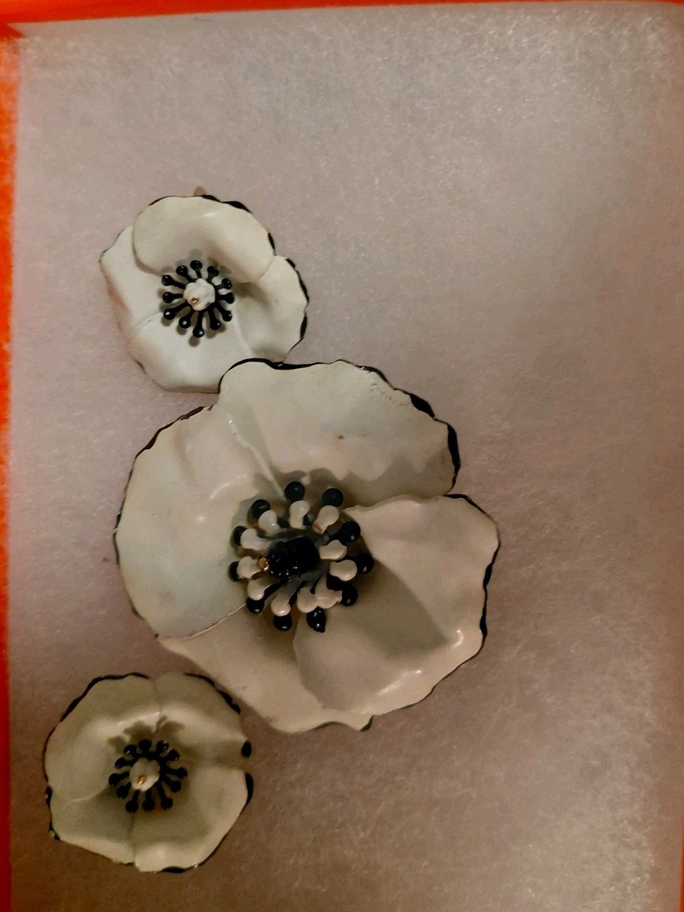 Vintage Signed ART Brooch White Black Peony Enamel Flower &Clip Earring 60 era