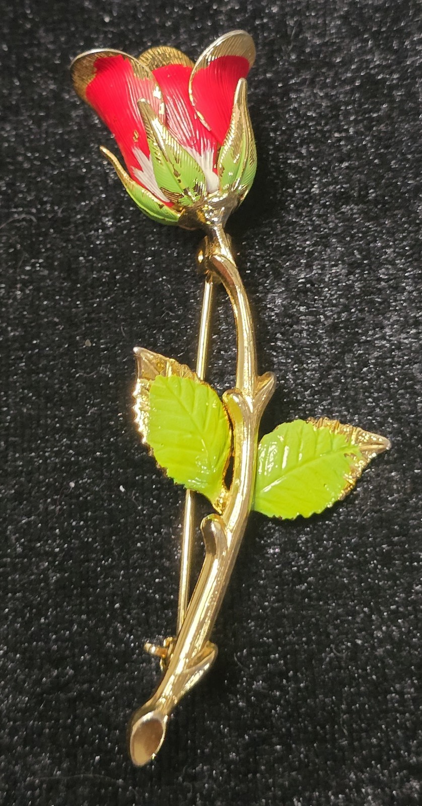 Vintage Rose Pin / Brooch Gold Red & Green Enamel