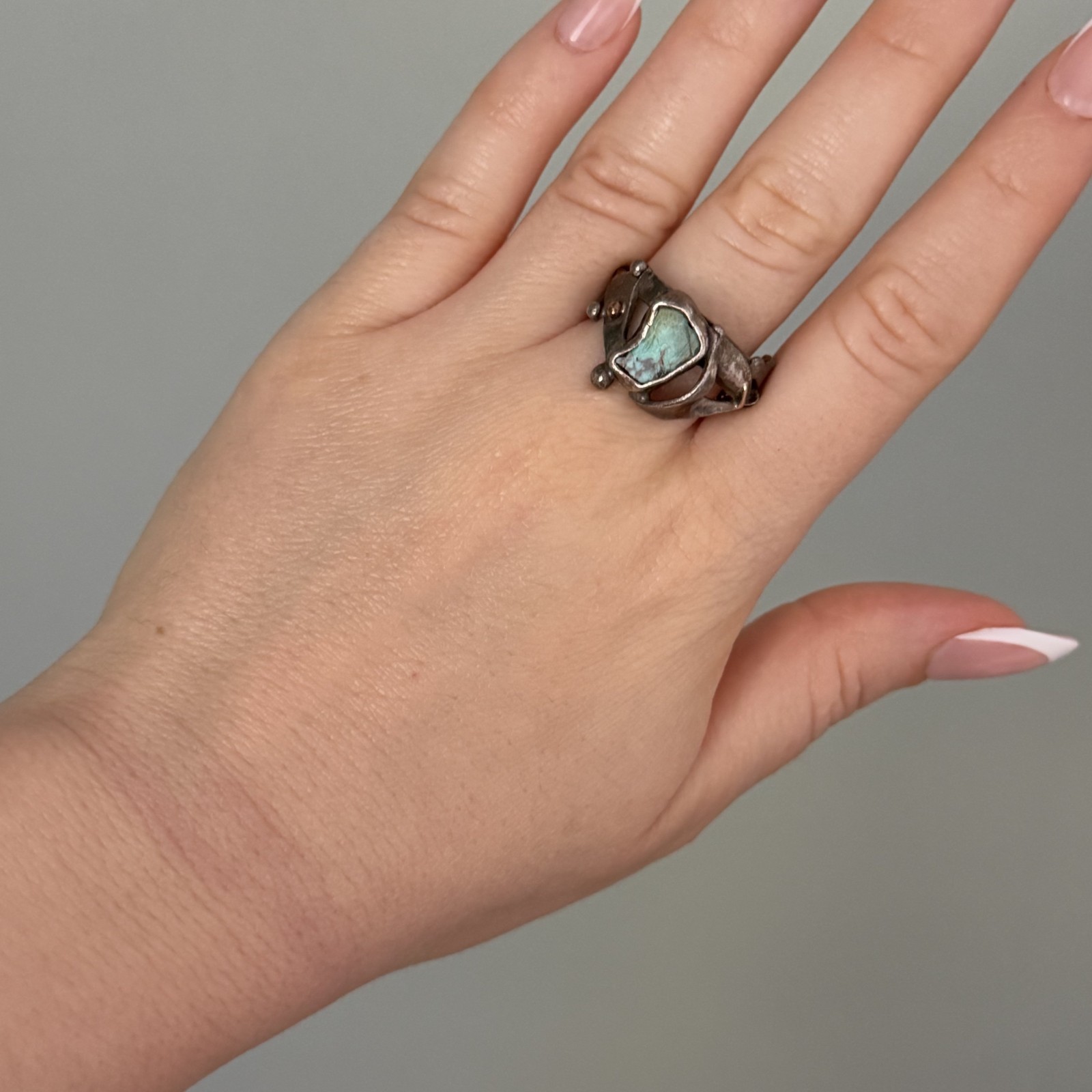 Vintage Brutalist Sterling Silver Turquoise Unique Modernist Ring Size 7