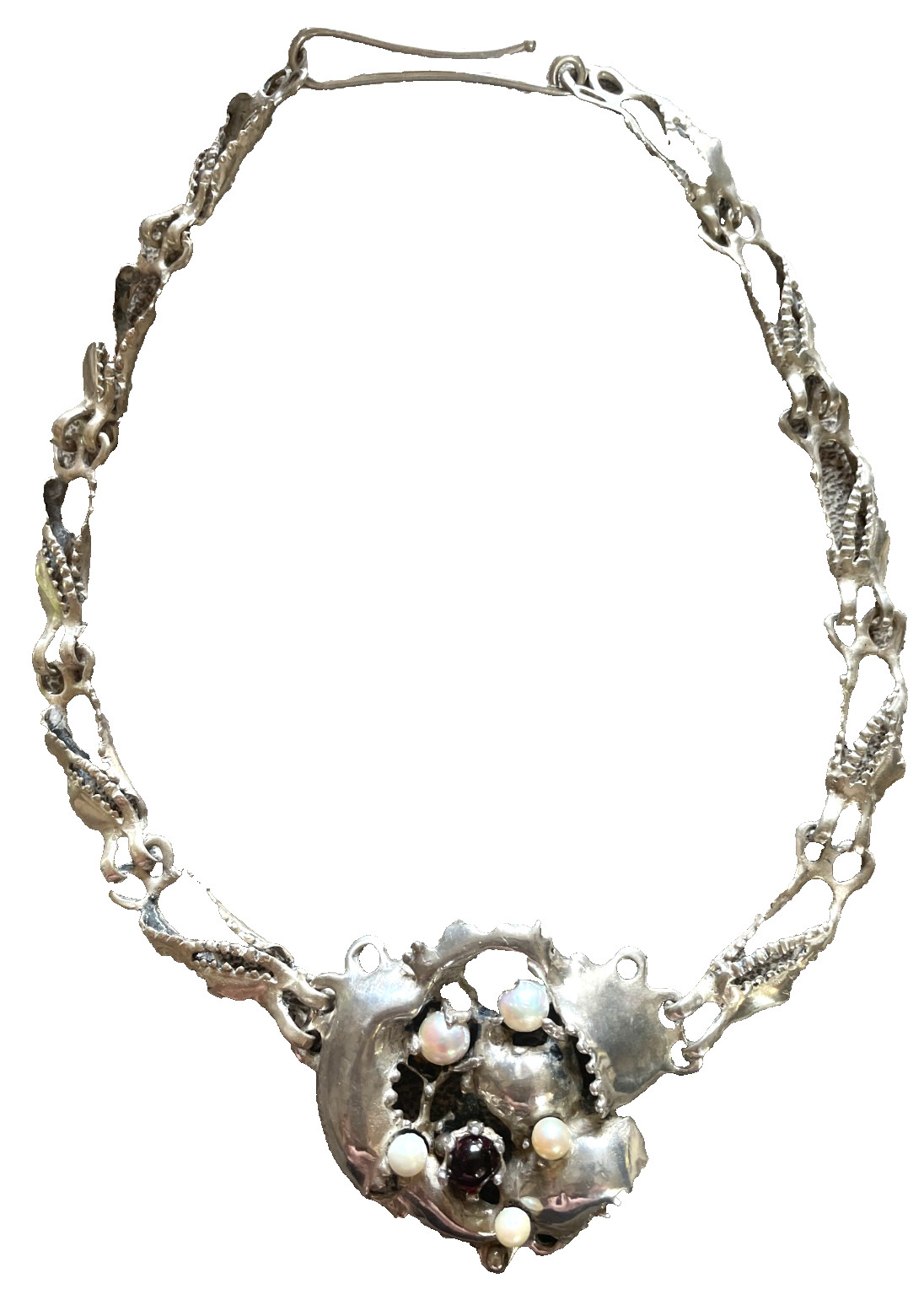 Vintage Brutalist Sterling Silver Necklace Pearl Garnet Organic Modernist 49g