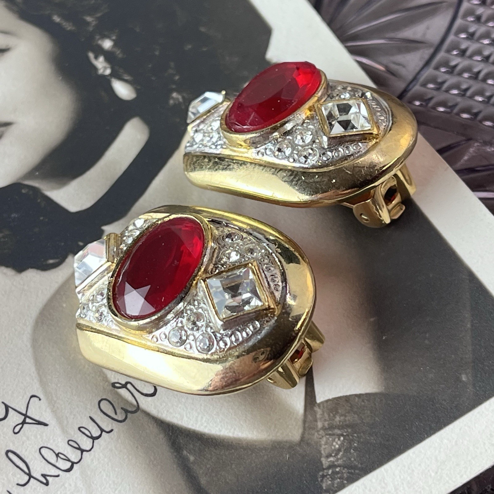 Vtg 1980s Ruby Red Glass Clip Earrings – Gold Tone -Clear Crystal Accent – 1.25”