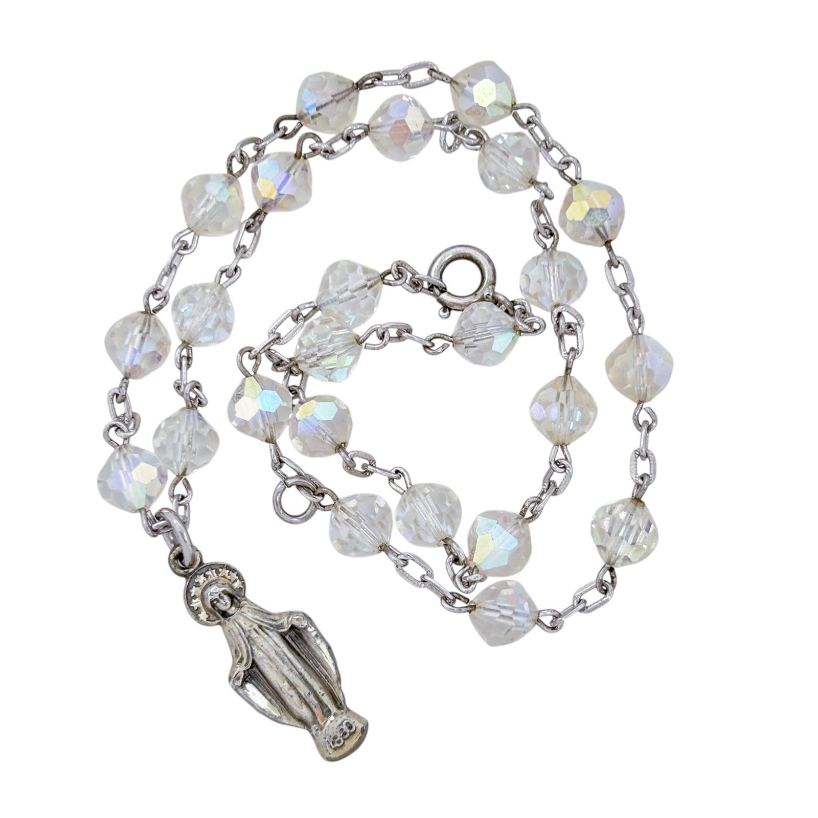 Vintage Sterling Silver 925 Crystal Rosary Necklace 17″