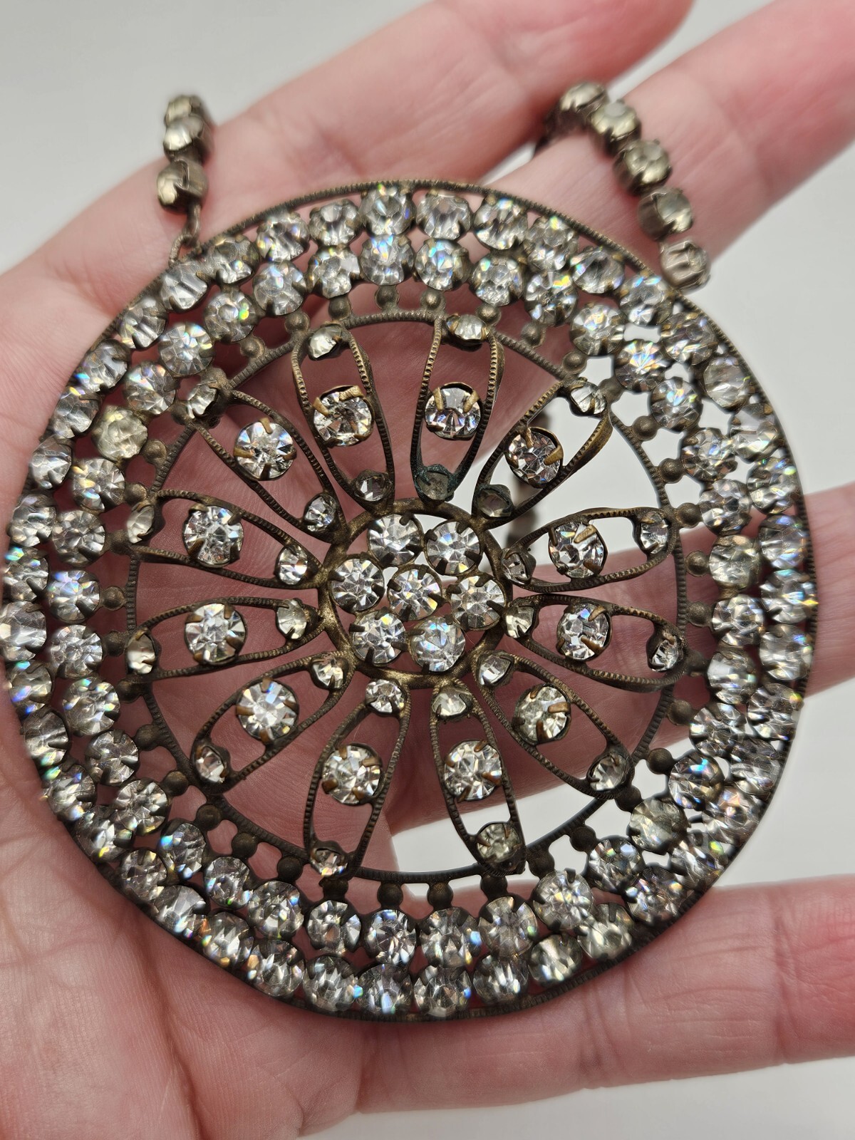 As Is Vintage Silver Tone Clear Rhinestones Ornate Pendant Collar Necklace