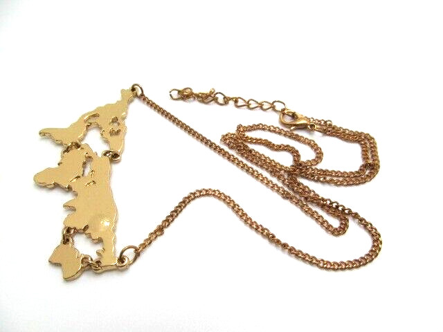 Vintage Yellow Gold Tone Curb Link World Map Link Chain Necklace