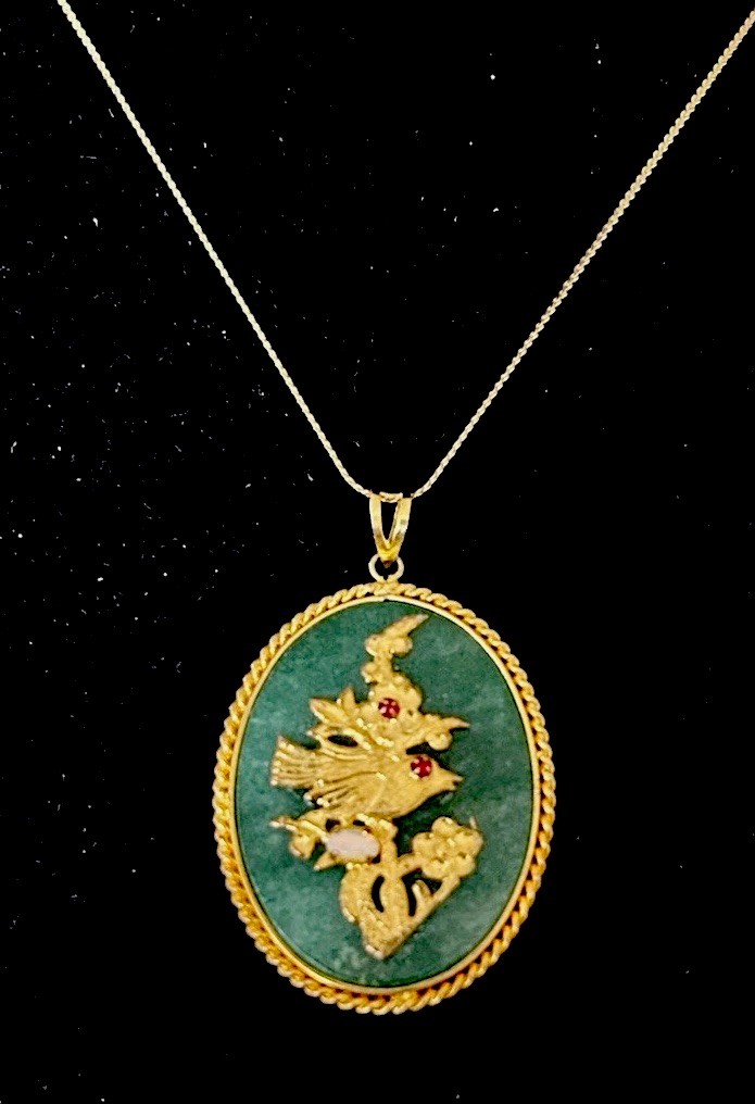 Vintage Real Jade Asian Pendant Happiness Theme Ruby & Opal Chips Two Sided E3