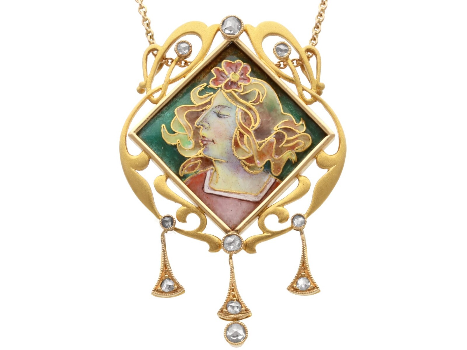 Art Nouveau 0.35Ct Diamond, Enamel and 18k Yellow Gold Pendant Circa 1910