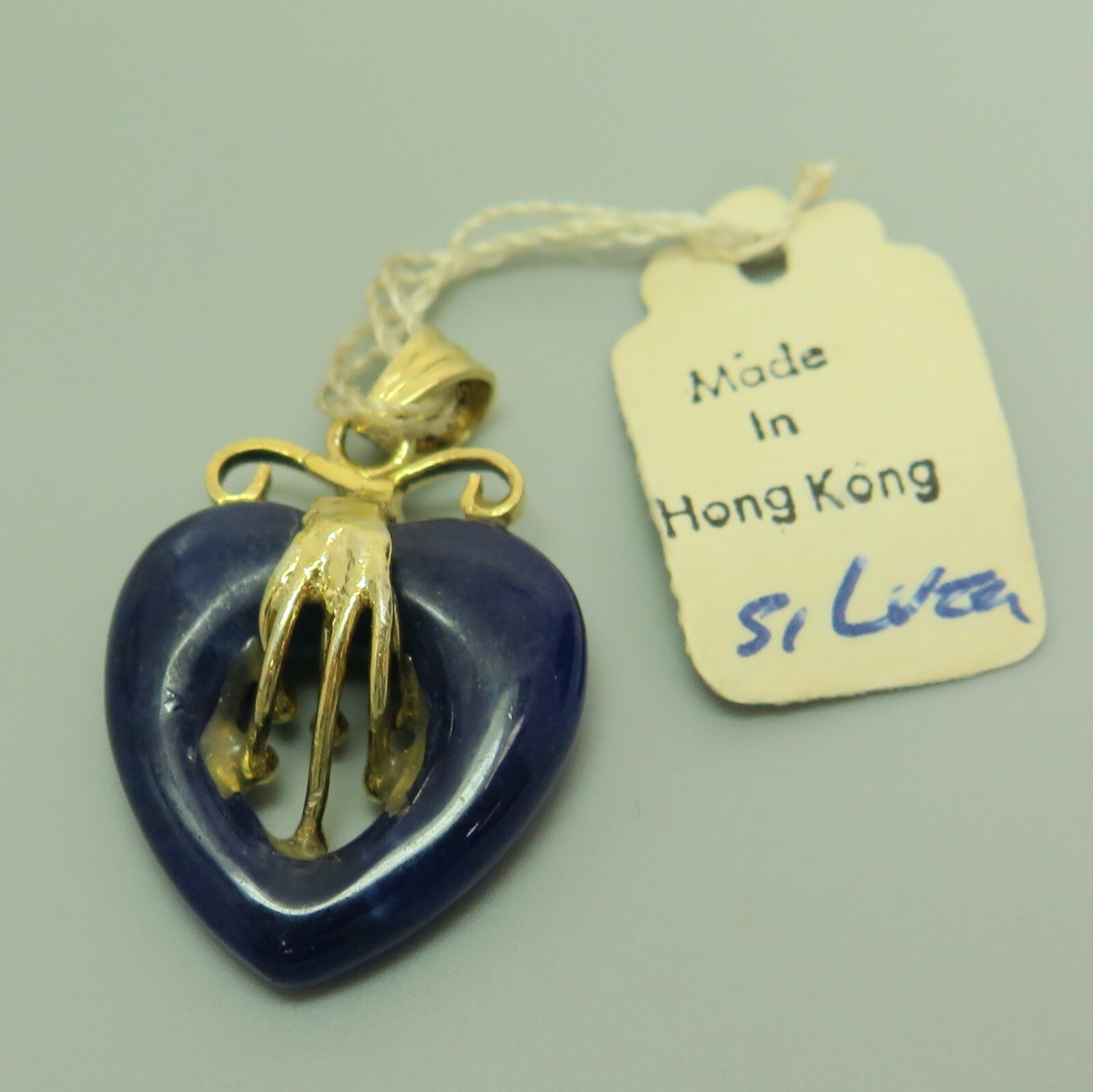 Vintage Blue Stone Open Heart Original Tag Gold Silver Hong Kong Pendant 1″ 2.9g