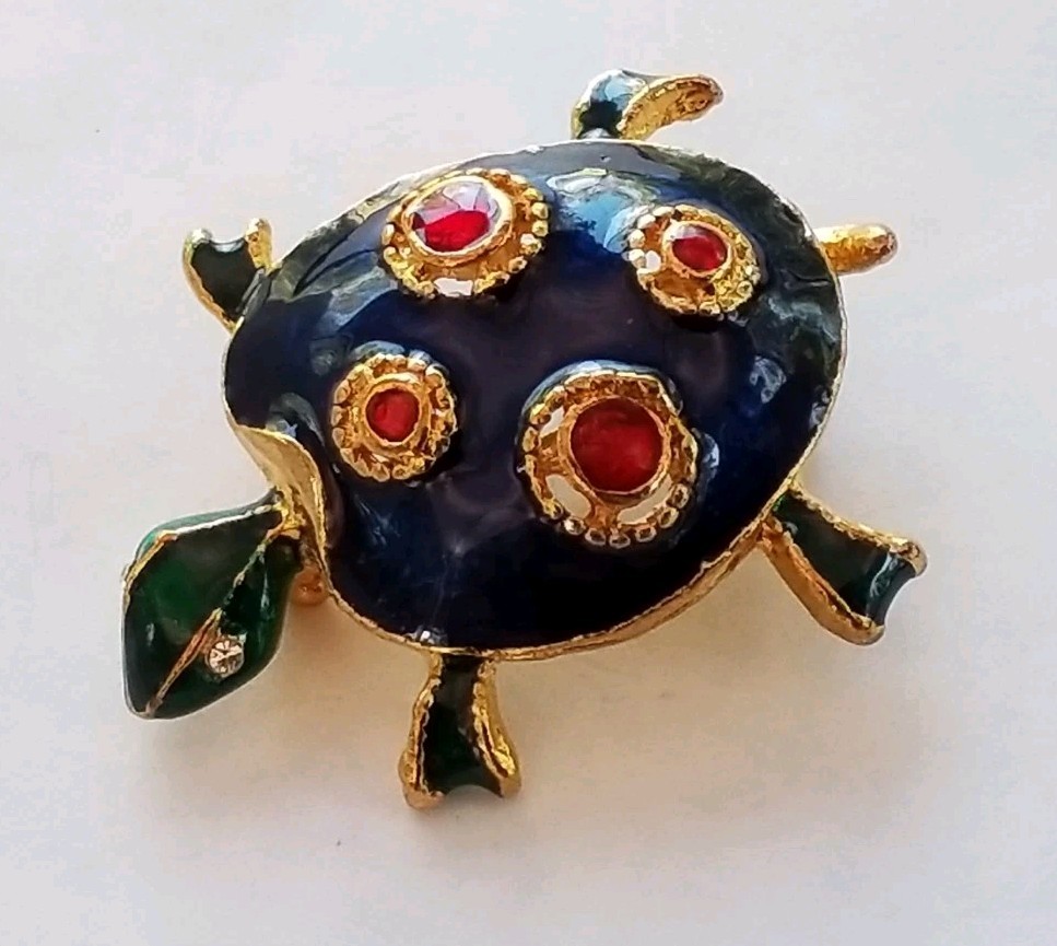 Vintage Turtle Brooch Collectible Cloak Pin Gold Tone Metal Enamel Finish Jewels