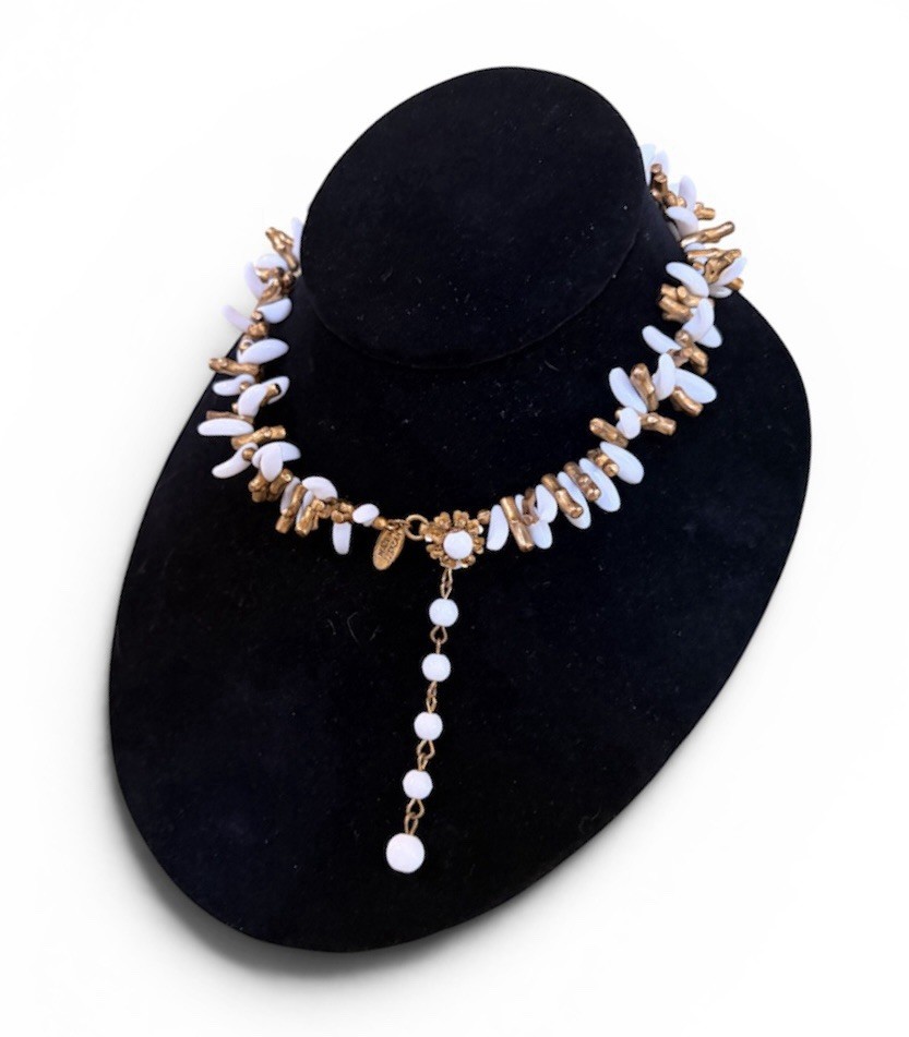 Miriam Haskell Signed c.1949 Frank Hess Choker Milk Glass Gilt Coral Rose Montée