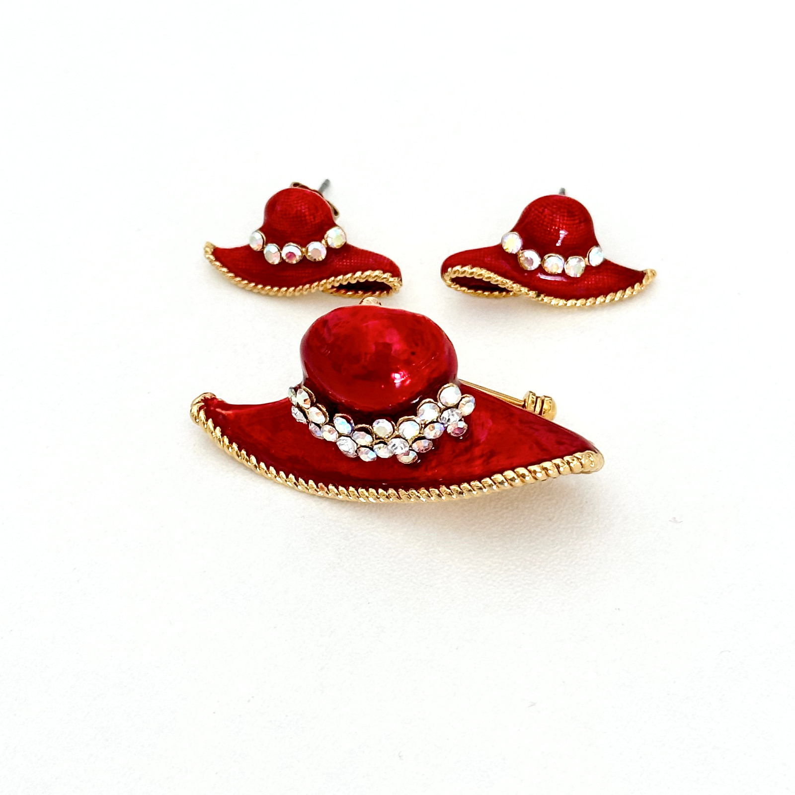 Vintage Red Enamel AB Rhinestone Gold Tone Hat Brooch Pin Earrings Set