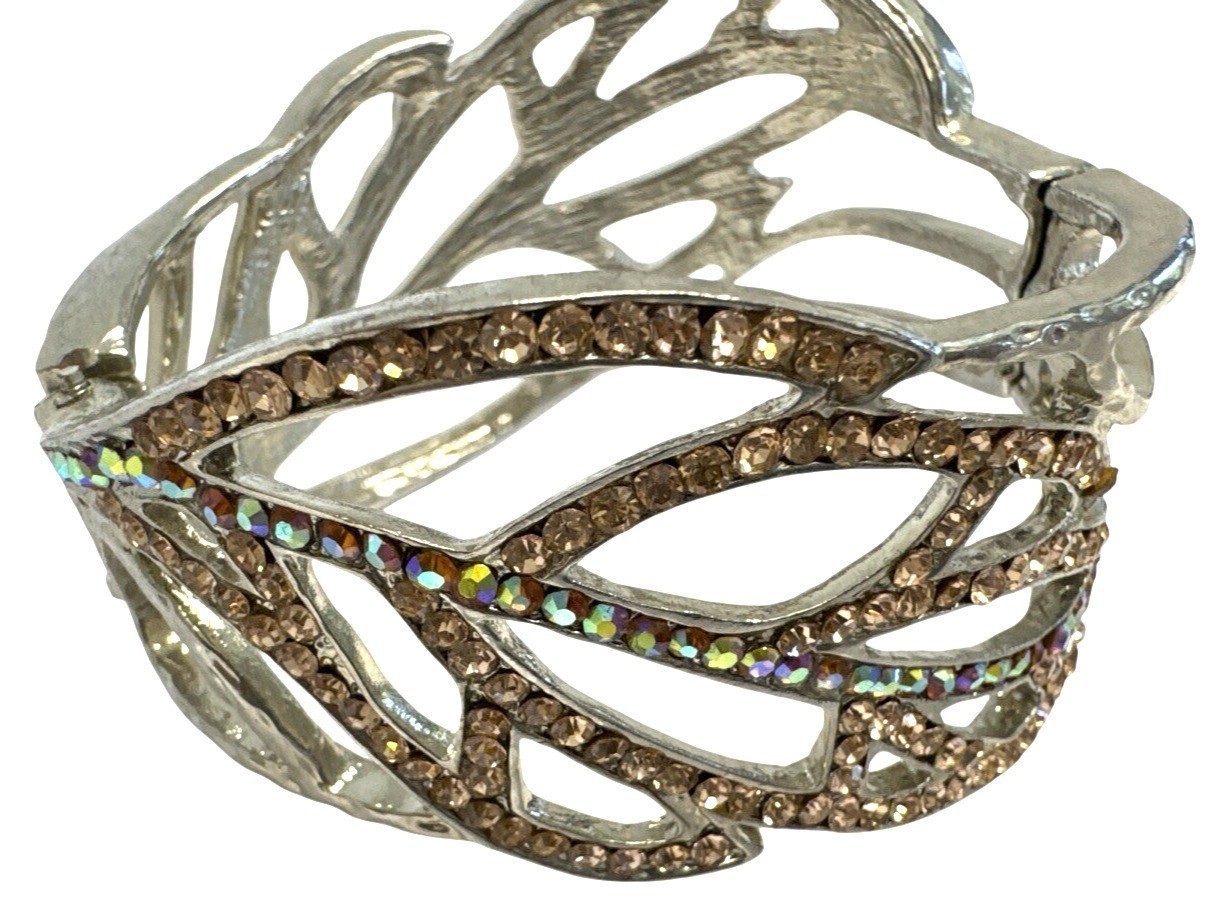 Silver Tone Rhinestone Leaf Design Hinged Bracelet Open Filigree