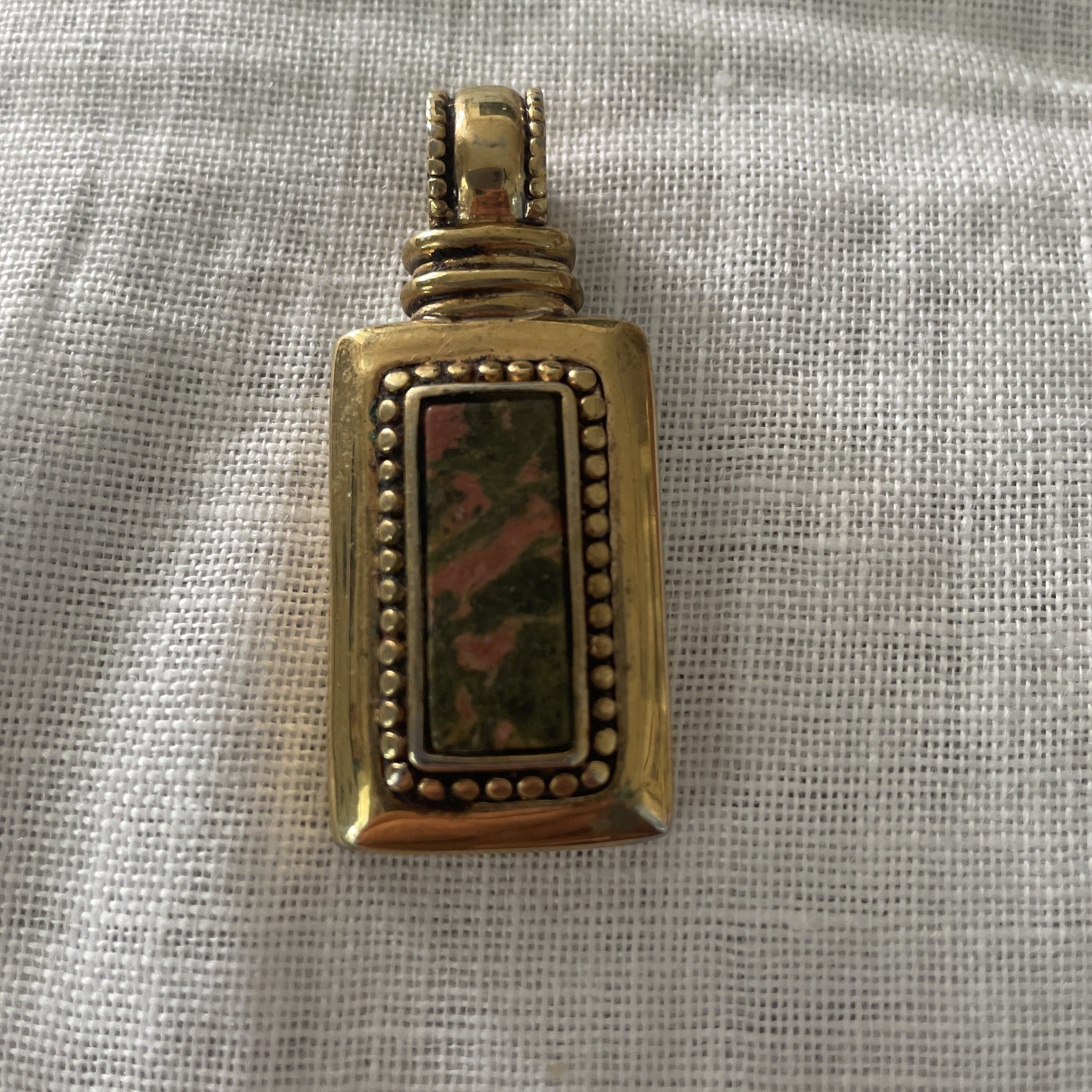 Vtg Roman Unikite Green Pink Stone W Beaded Frame Goldtone Pendant