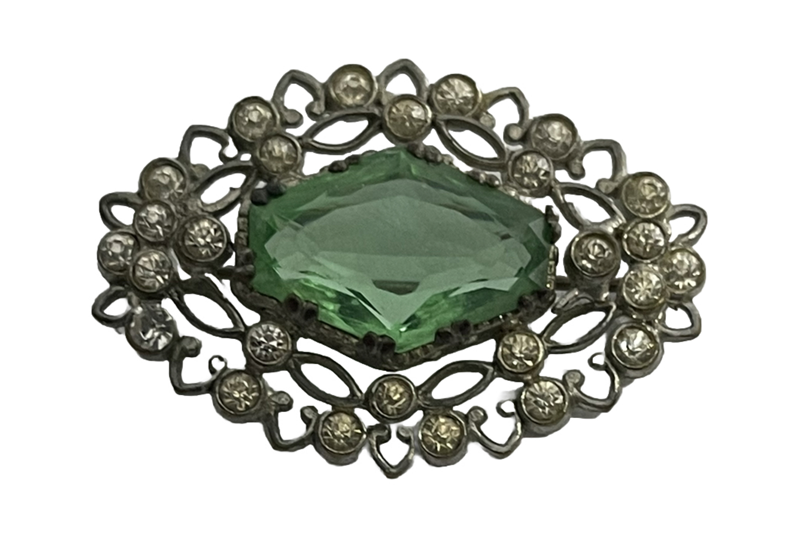 Art Deco Lozenge Shape Light Green Czech Glass Silvertone Filigree Brooch