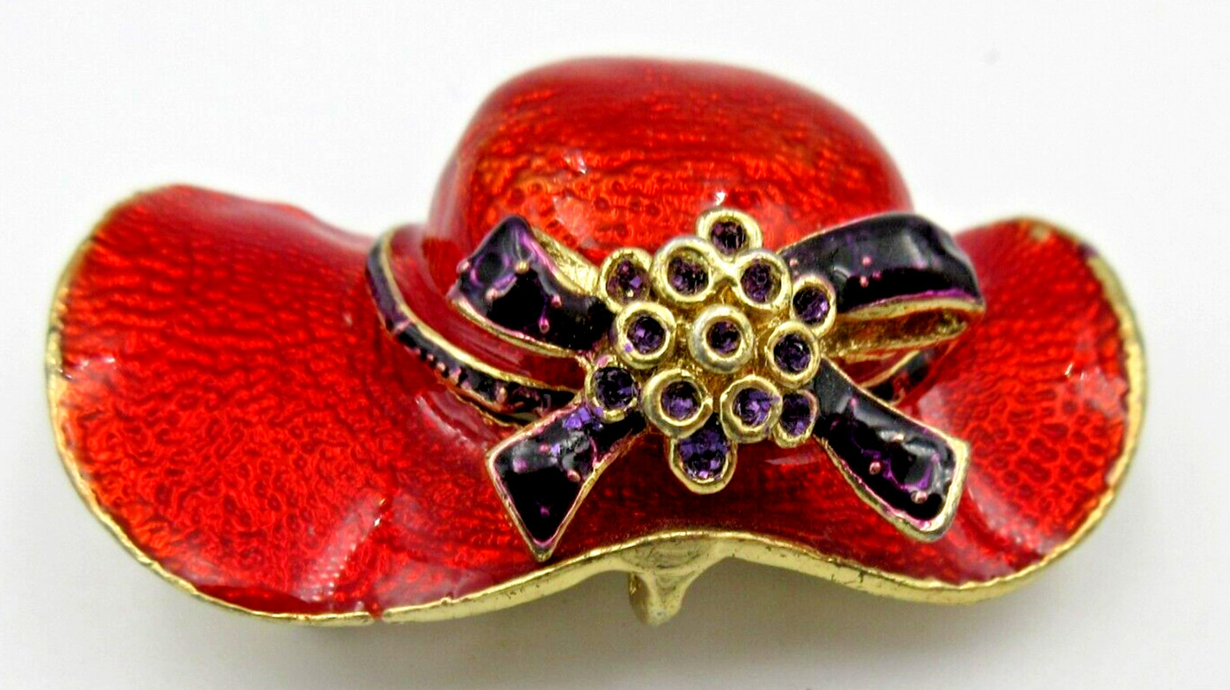 Vtg big brim Hat bow flower pendant Brooch Pin red purple gold tone enamel metal