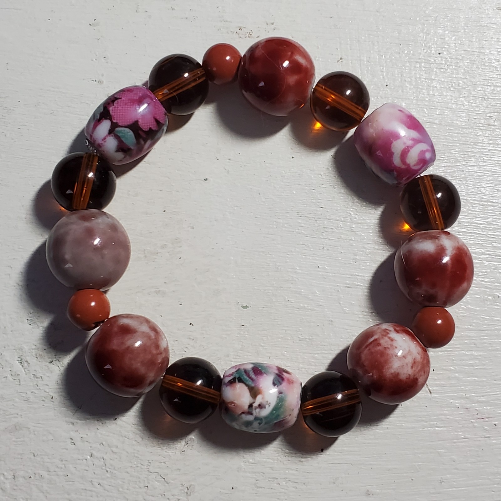 Vintage Bracelet Earthy Ceramic Glass Stretchy Handmade Earthtones
