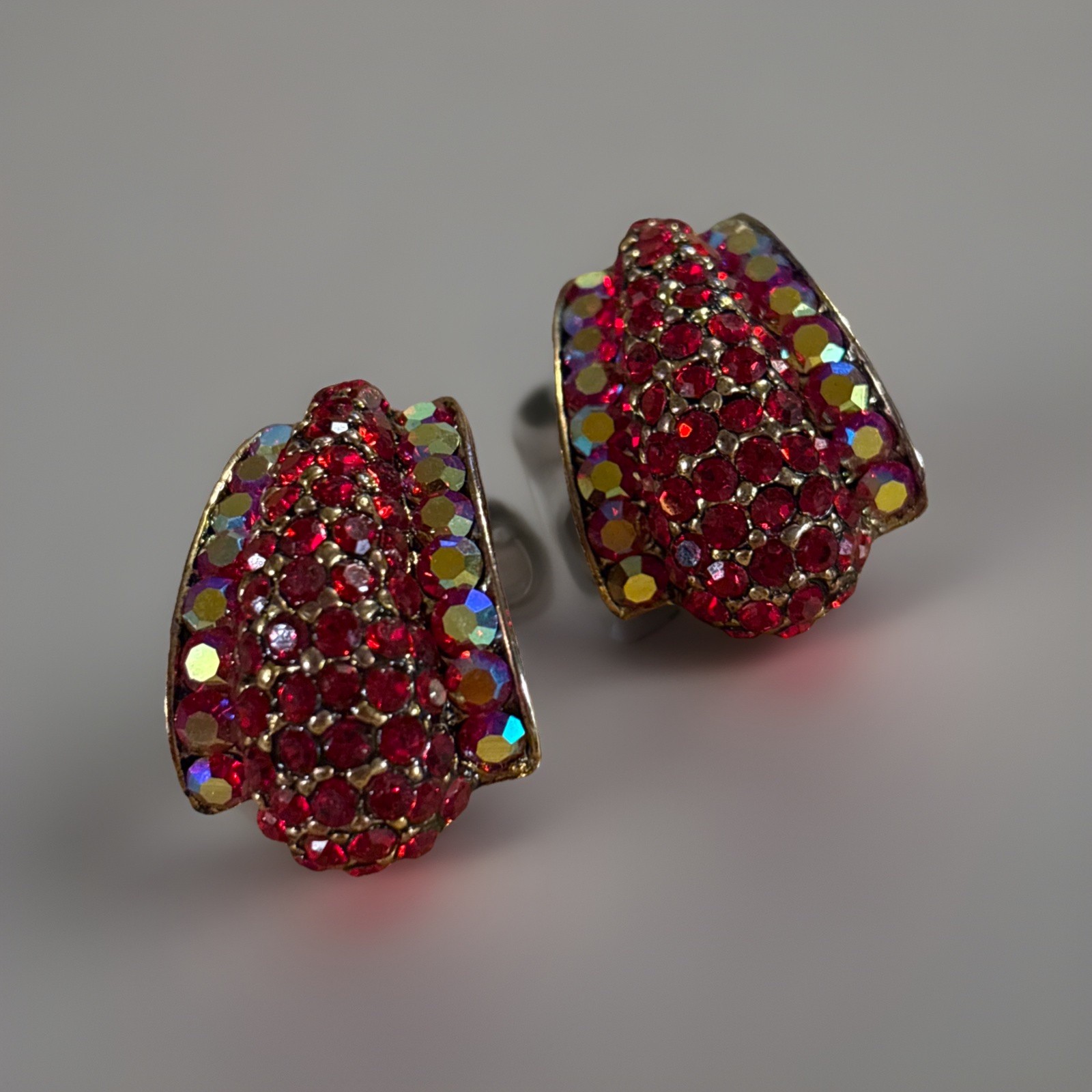 Vintage Red & Iridescent Rhinestone Clip Earrings Gold Tone