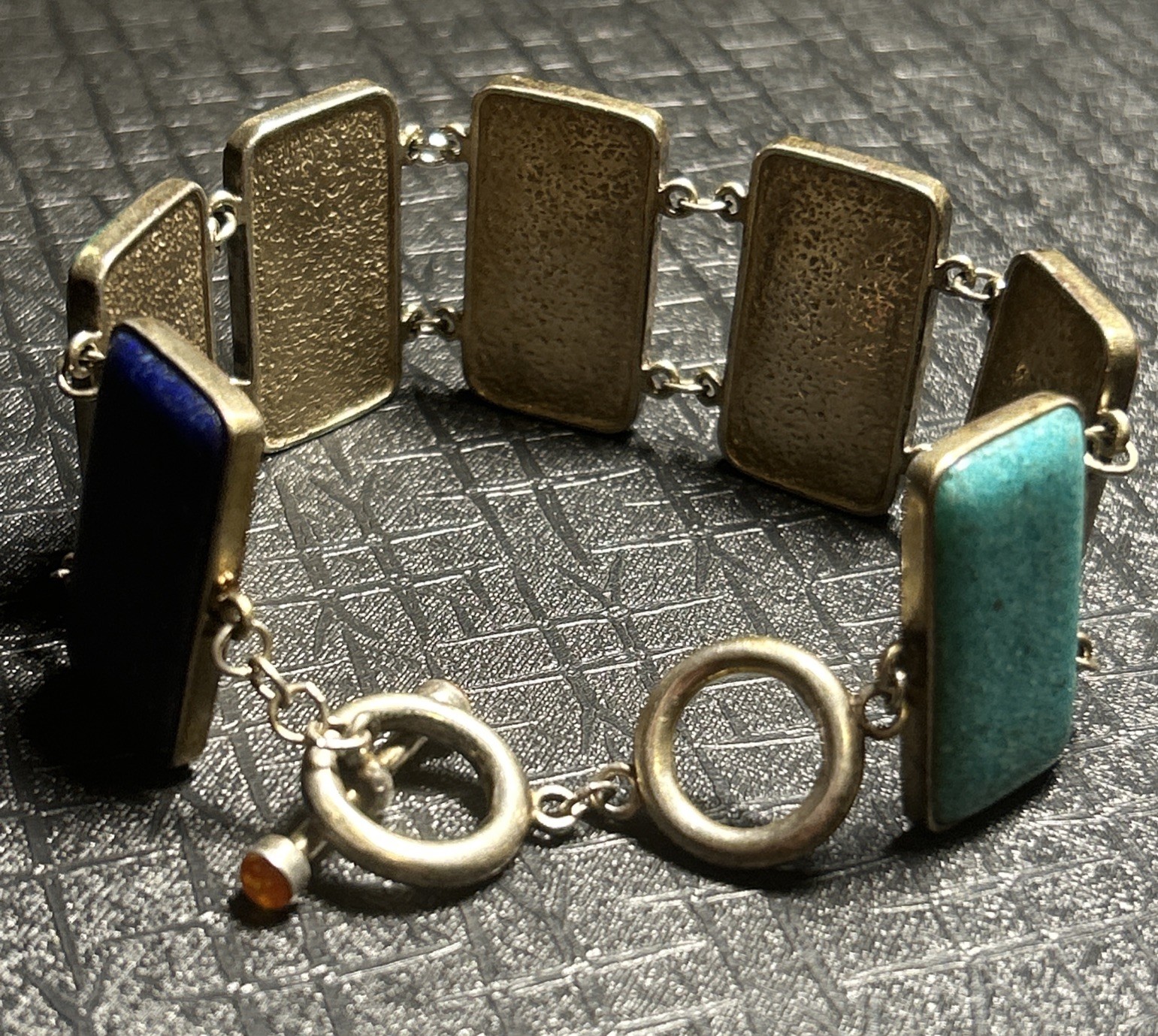 VTG Sterling Silver Multi Natural Crushed Gemstone Panel Bracelet Rectangle 925