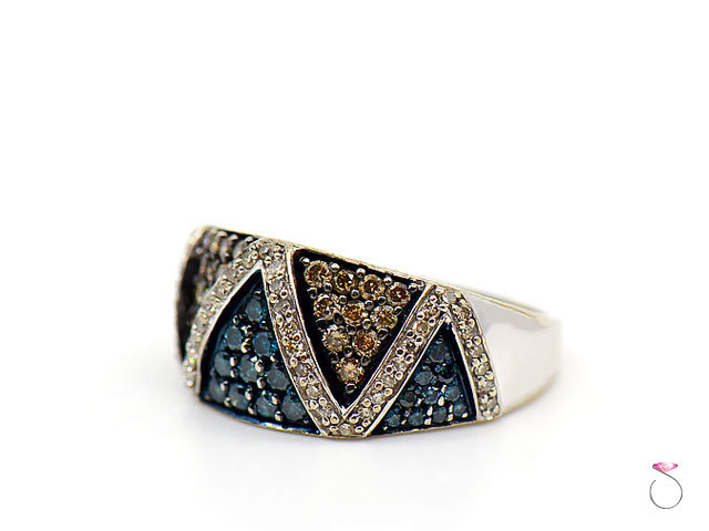 Beautiful Blue, Champagne & White 2.50 ct diamond Ring, 14k White Gold Band SZ 9