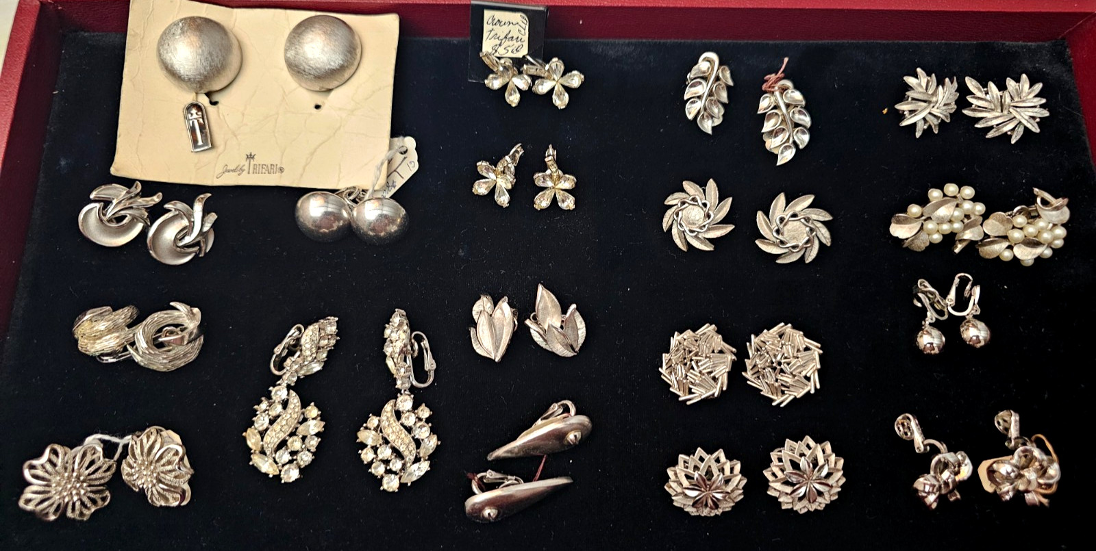 Vintage Trifari Silver Tone Rhinestone & Faux Pearl Earring Signed Lot – 18 pcs
