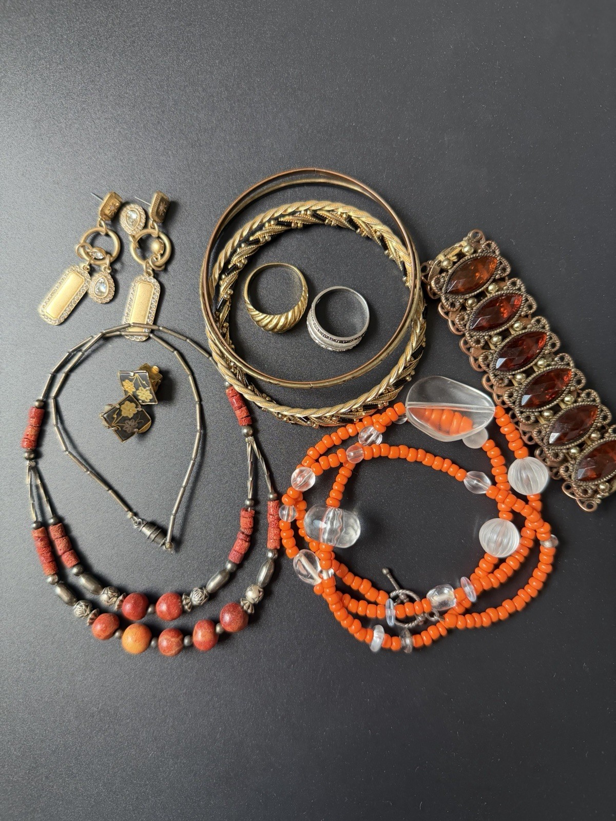 Vintage jewelry lot craft harvest necklace ring earrings and more.