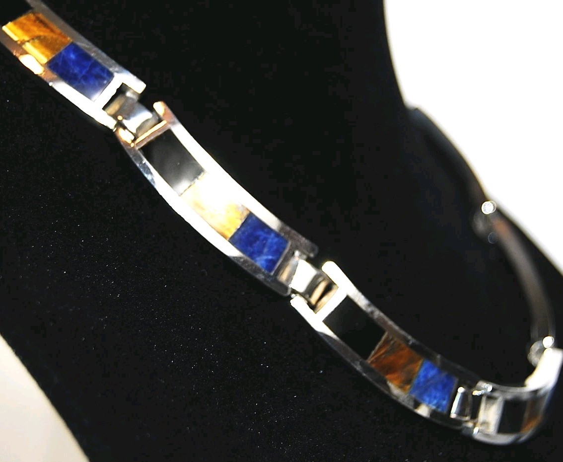 TAXCO Vintage 925 Sterling Silver 16.5″ Multi-Stone Inlay Necklace 114.85g TW