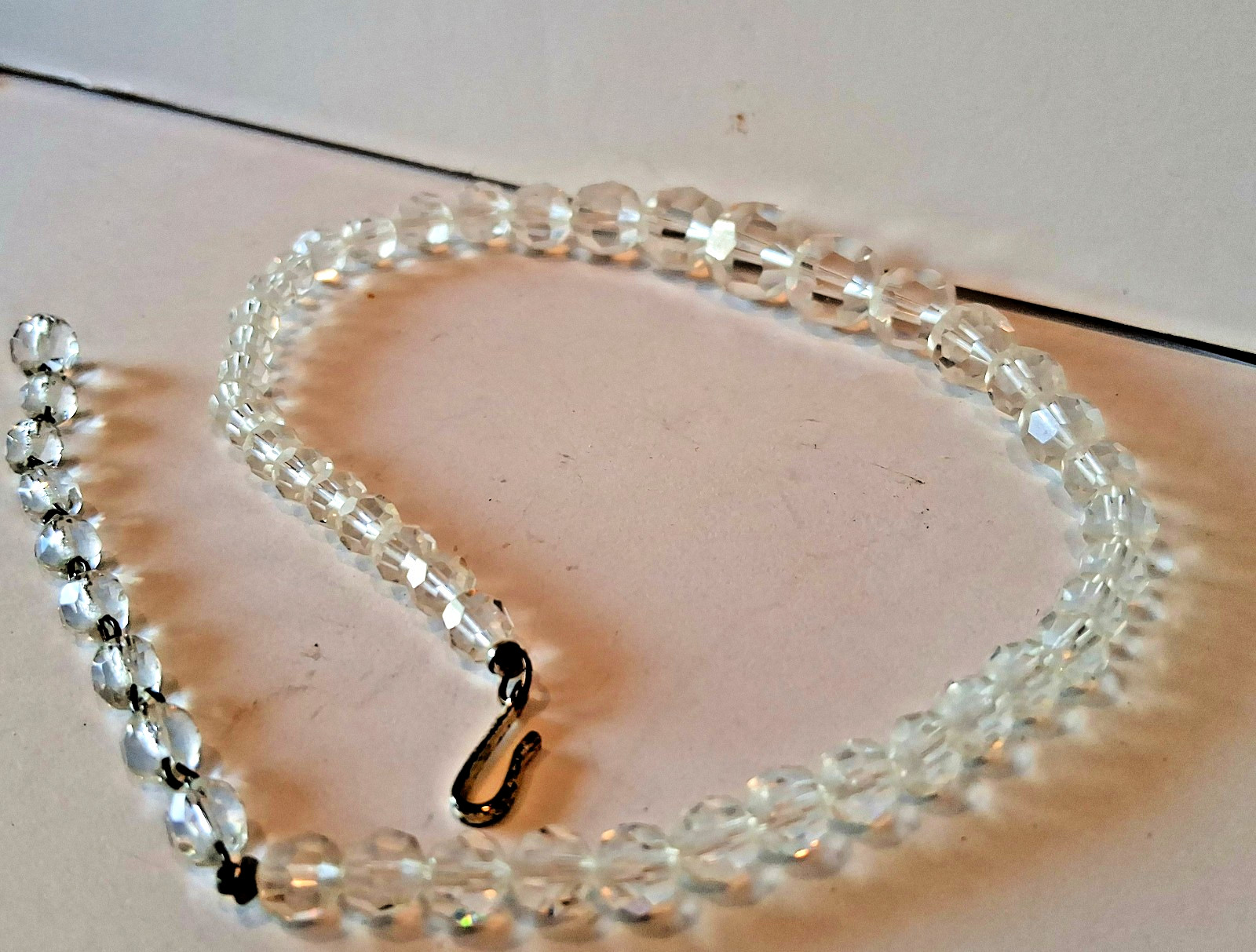Vintage Art Deco Bicone Cut Clear Crystal Strung Beads 15 inches Necklace
