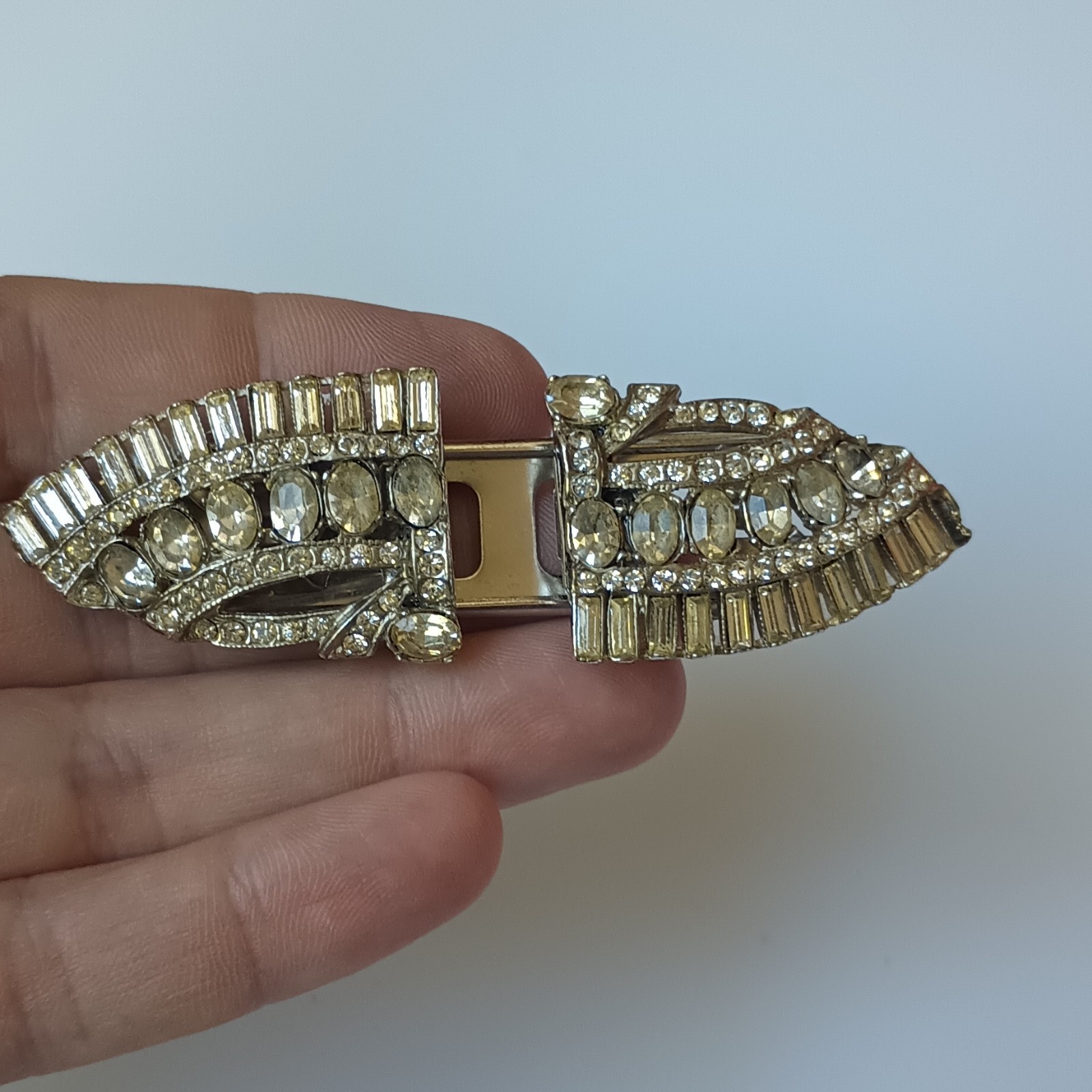 Gold Tone Clear Baguette Rhinestone Dress/Scarf Clip Set 2pc w/ Connector Bar