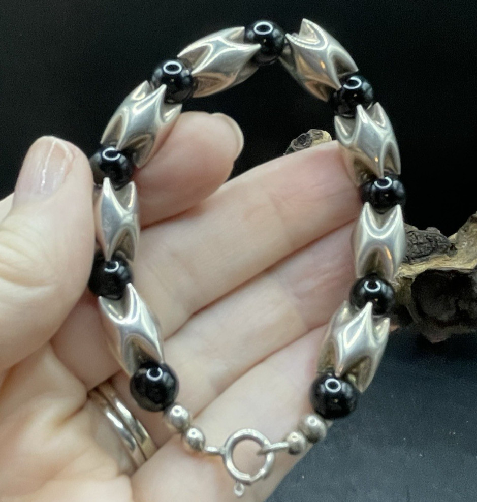 Vintage 925 Sterling Silver Black Tourmaline? Beaded Bracelet 6″