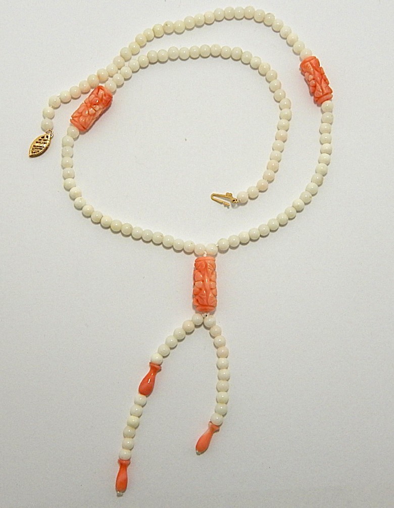 Carved Salmon Coral Necklace 17″ Long plus tassel 14K Clasp