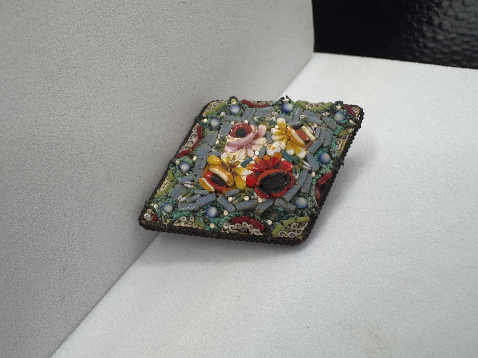 Vintage Italian Micro Mosaic Floral Brooch Pin Diamond Lozenge Glass Tile Italy